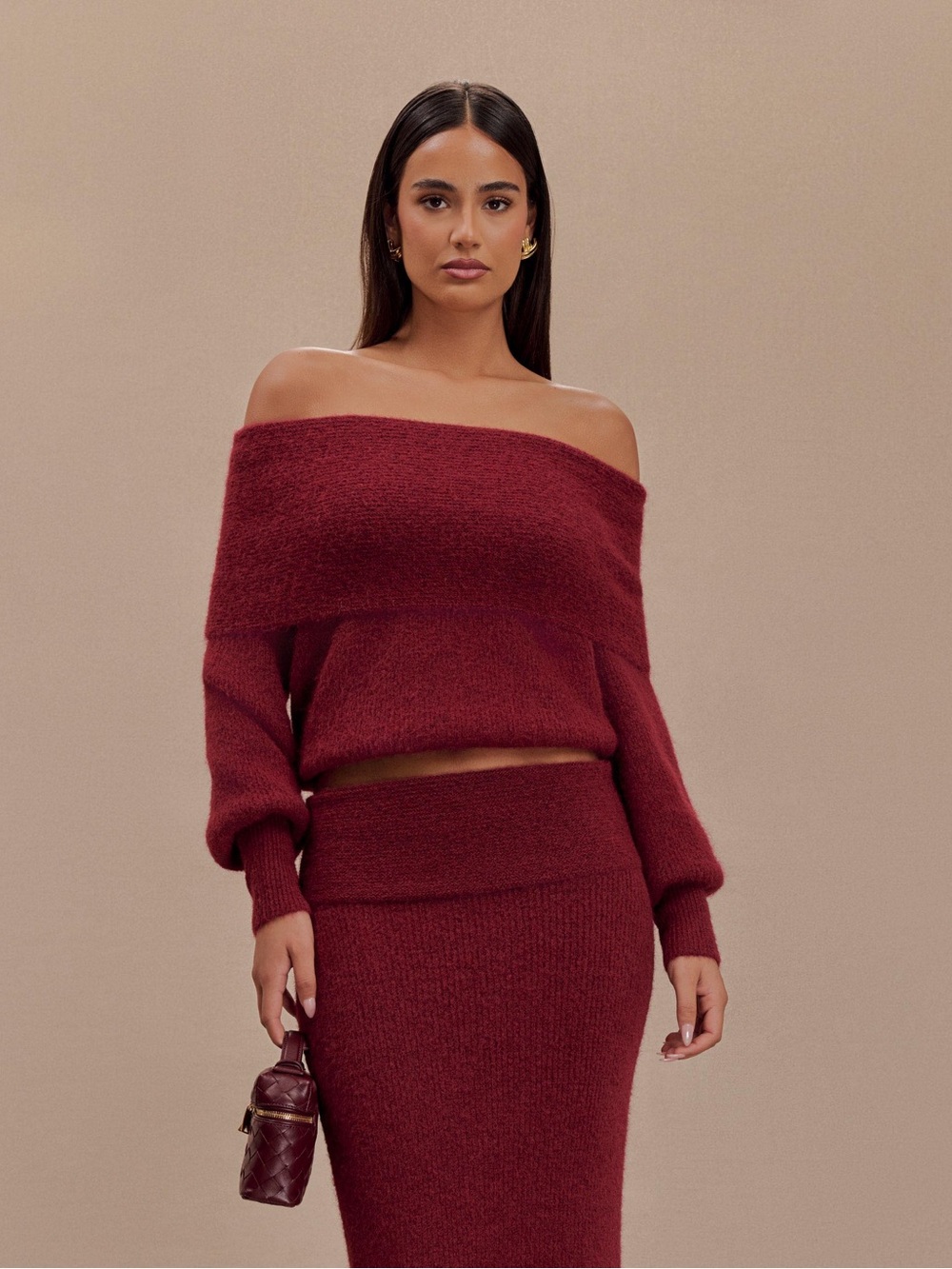 NWT Meshki Charlotte Off-the-Shoulder Knit Long Sleeve Sweater in Merlot